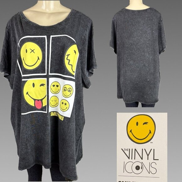 Vinyl Icons +4 Black Aged Crew Neck Smiley Icons Graphic Cotton Short Sleeve Tee - Picture 1 of 6